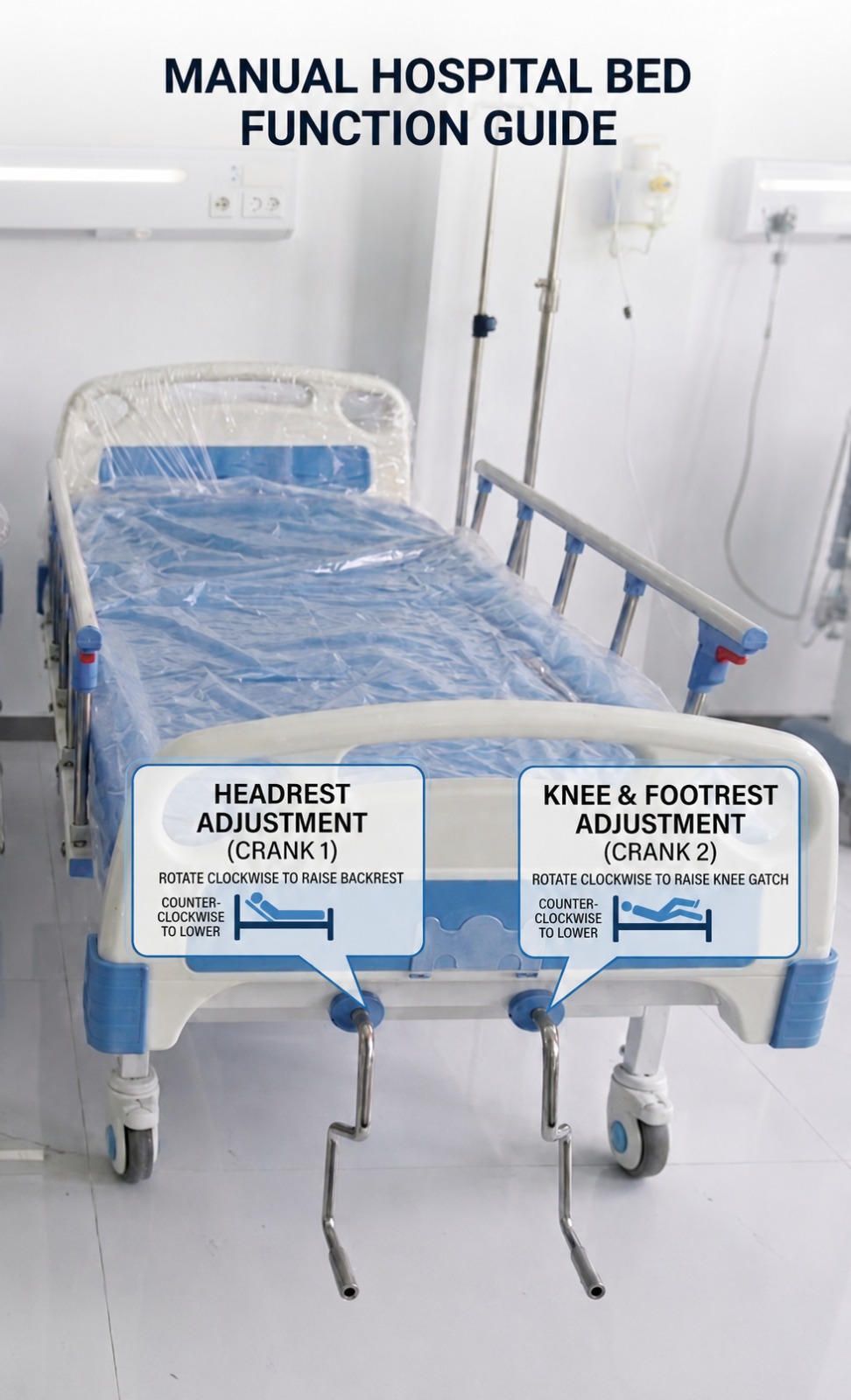 manual hospital bed function guide showing crank 1 headrest adjustment and crank 2 knee and footrest adjustment